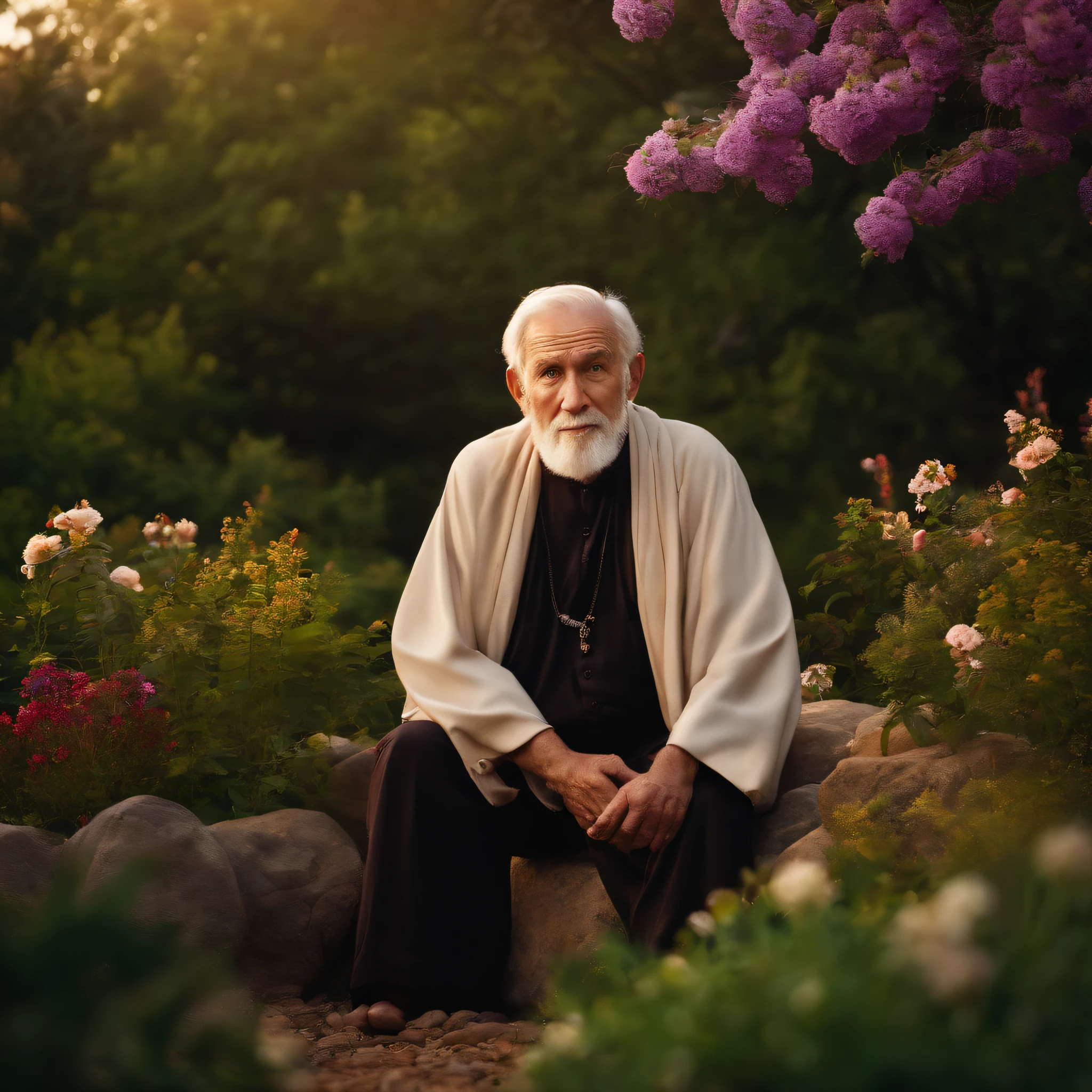old man, bust shot, wise, religious, sitting on rock, in blooming garden at dusk, waist high front photo