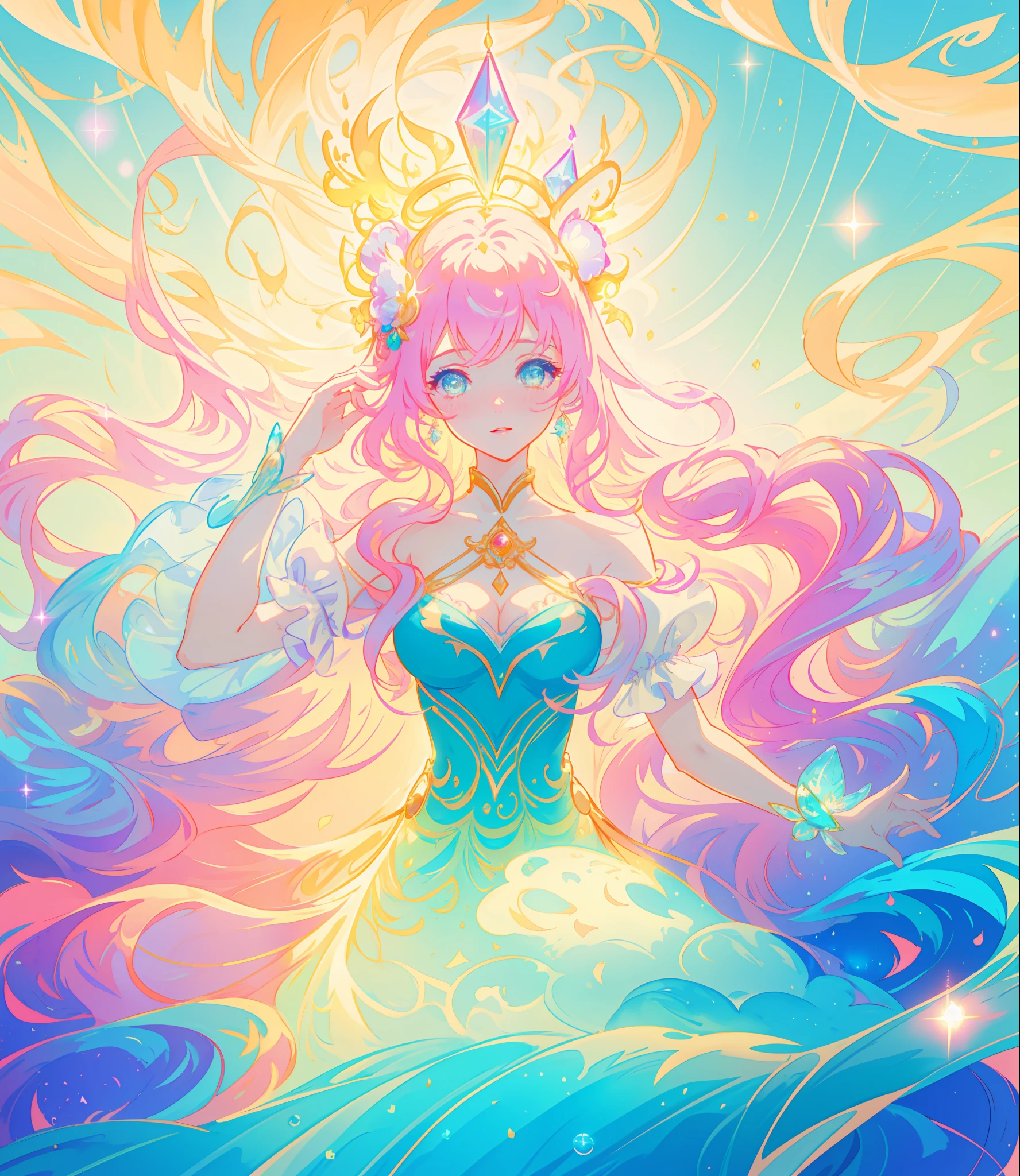 beautiful girl, puffy tiered princess ballgown, vibrant pastel colors, (colorful), glowing golden long hair, magical lights, sparkling magical liquid, inspired by Glen Keane, inspired by Lois van Baarle, disney art style, by Lois van Baarle, glowing aura around her, by Glen Keane, jen bartel, glowing lights! digital painting, flowing glowing hair, glowing flowing hair, beautiful digital illustration, fantasia background, whimsical, magical, fantasy, ((beautiful face)), ((masterpiece, best quality)), intricate details, highly detailed, sharp focus, 8k resolution, sparkling detailed eyes, liquid watercolor