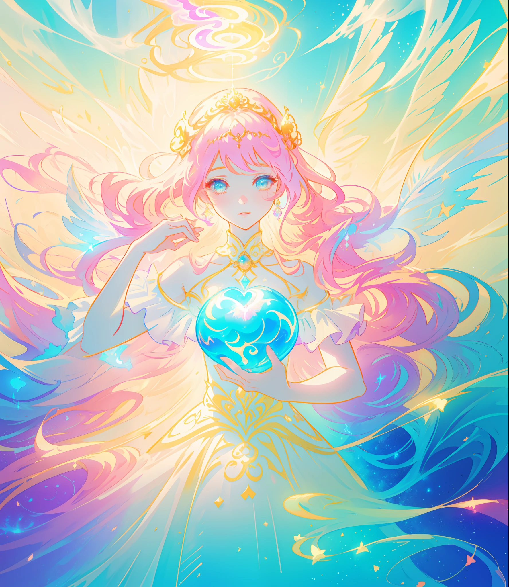 beautiful girl, puffy tiered princess ballgown, vibrant pastel colors, (colorful), glowing golden long hair, magical lights, sparkling magical liquid, inspired by Glen Keane, inspired by Lois van Baarle, disney art style, by Lois van Baarle, glowing aura around her, by Glen Keane, jen bartel, glowing lights! digital painting, flowing glowing hair, glowing flowing hair, beautiful digital illustration, fantasia background, whimsical, magical, fantasy, ((beautiful face)), ((masterpiece, best quality)), intricate details, highly detailed, sharp focus, 8k resolution, sparkling detailed eyes, liquid watercolor