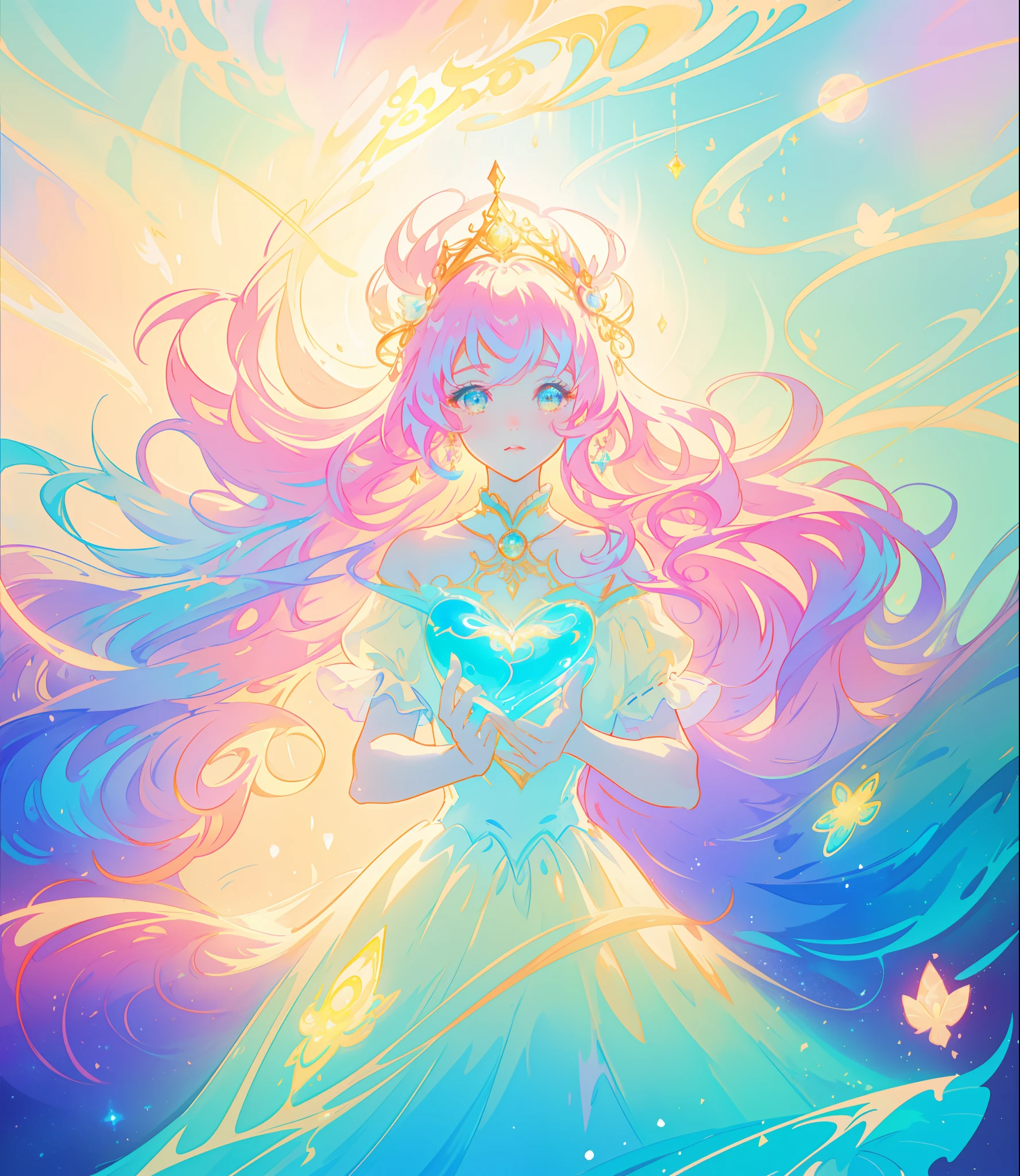 beautiful girl, puffy tiered princess ballgown, vibrant pastel colors, (colorful), glowing golden long hair, magical lights, sparkling magical liquid, inspired by Glen Keane, inspired by Lois van Baarle, disney art style, by Lois van Baarle, glowing aura around her, by Glen Keane, jen bartel, glowing lights! digital painting, flowing glowing hair, glowing flowing hair, beautiful digital illustration, fantasia background, whimsical, magical, fantasy, ((beautiful face)), ((masterpiece, best quality)), intricate details, highly detailed, sharp focus, 8k resolution, sparkling detailed eyes, liquid watercolor
