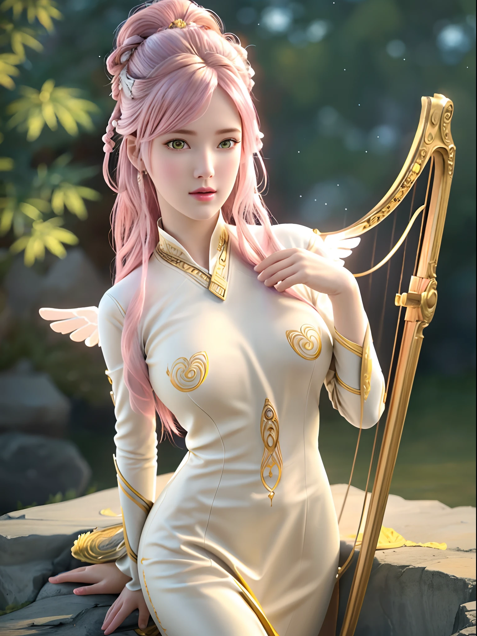 angel,(best quality,4k,8k,highres,masterpiece:1.2),ultra-detailed,(realistic,photorealistic,photo-realistic:1.37),portraits,vivid colors,soft lighting,ethereal,angelic,heavenly,golden halo,flowing robes,dove,peaceful,tranquil,majestic wings,lightness,floating,graceful movement,serene expression,glowing,divine beauty,elegant,calm,sunlit,harp music,celestial beings,haloed figure,gentle smile,harmony,serenity,pure-white feathers,healing presence,beams of light,(hyperrealistic), (illustration), (high resolution), (8K), (extremely detailed), (best illustration), (beautiful detailed eyes), (best quality), (ultra-detailed), (masterpiece), (wallpaper), (photorealistic), (natural light), (rim lighting), (detailed face), (high detailed realistic skin texture), (anatomically correct), (solo), (1 girl), (high detailed realistic hair), (pink hair:1.35), (heterochromic eyes), (detailed eyes), (yellow eyes:1.37), (sparkling eyes), (realistic big breasts:1.5), (nude:1.4), (long legs), (slender abs), (dynamic pose), (closed tiny mouth:1.3), nsfw, concentrated expression, upon body