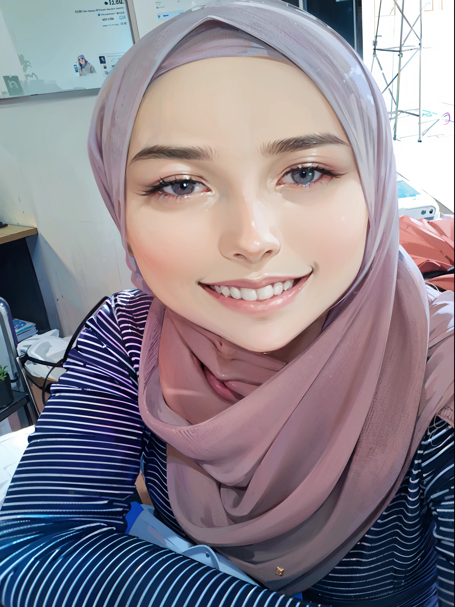 smiling woman wearing a purple scarf and a striped shirt, 30 years old woman, friendly smile, selfie of a young woman, slight smile expression, close up potrait, hijab
