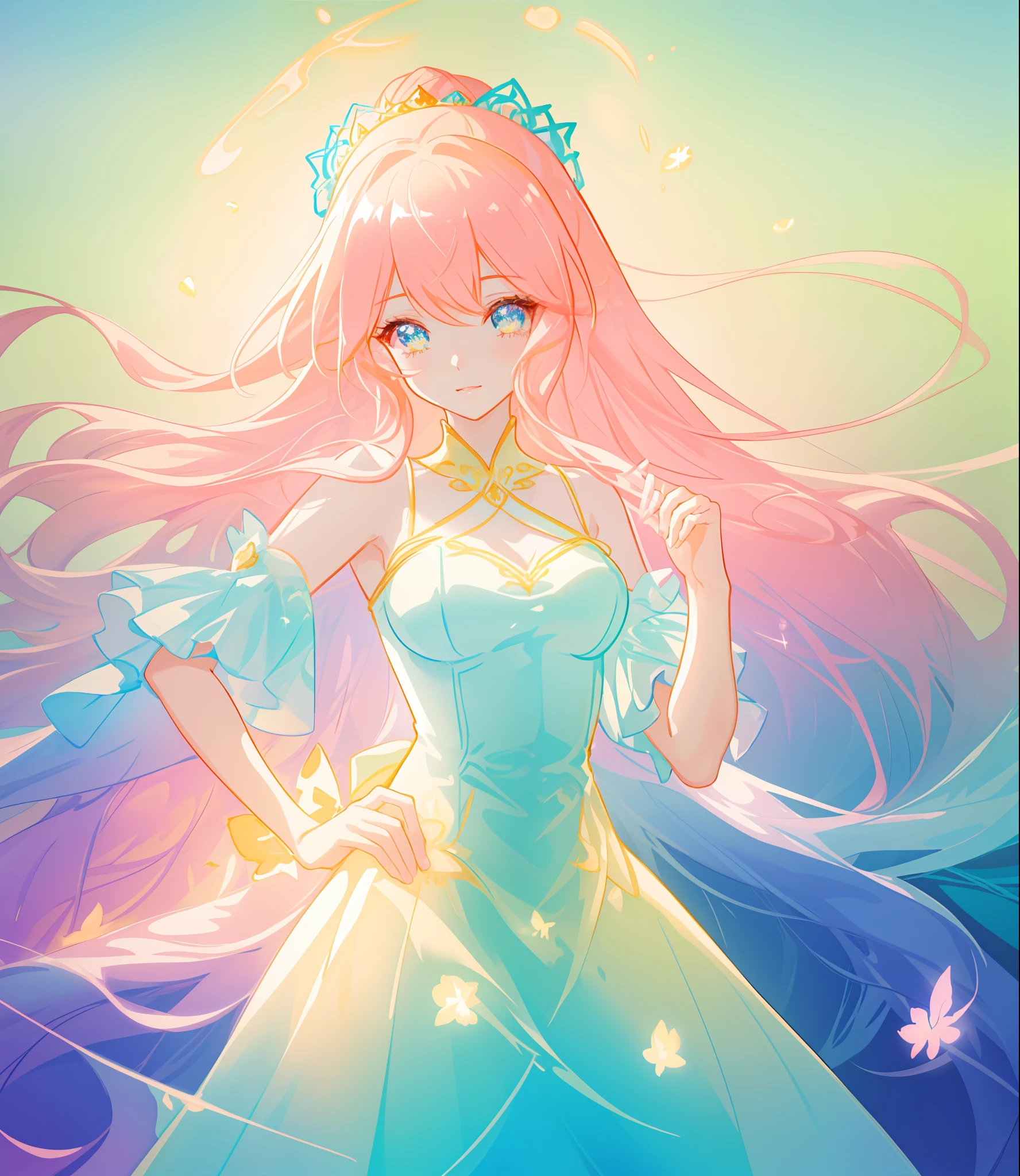 beautiful girl, puffy tiered princess ballgown, vibrant pastel colors, (colorful), glowing golden long hair, magical lights, sparkling magical liquid, inspired by Glen Keane, inspired by Lois van Baarle, disney art style, by Lois van Baarle, glowing aura around her, by Glen Keane, jen bartel, glowing lights! digital painting, flowing glowing hair, glowing flowing hair, beautiful digital illustration, fantasia background, whimsical, magical, fantasy, ((beautiful face)), ((masterpiece, best quality)), intricate details, highly detailed, sharp focus, 8k resolution, sparkling detailed eyes, liquid watercolor