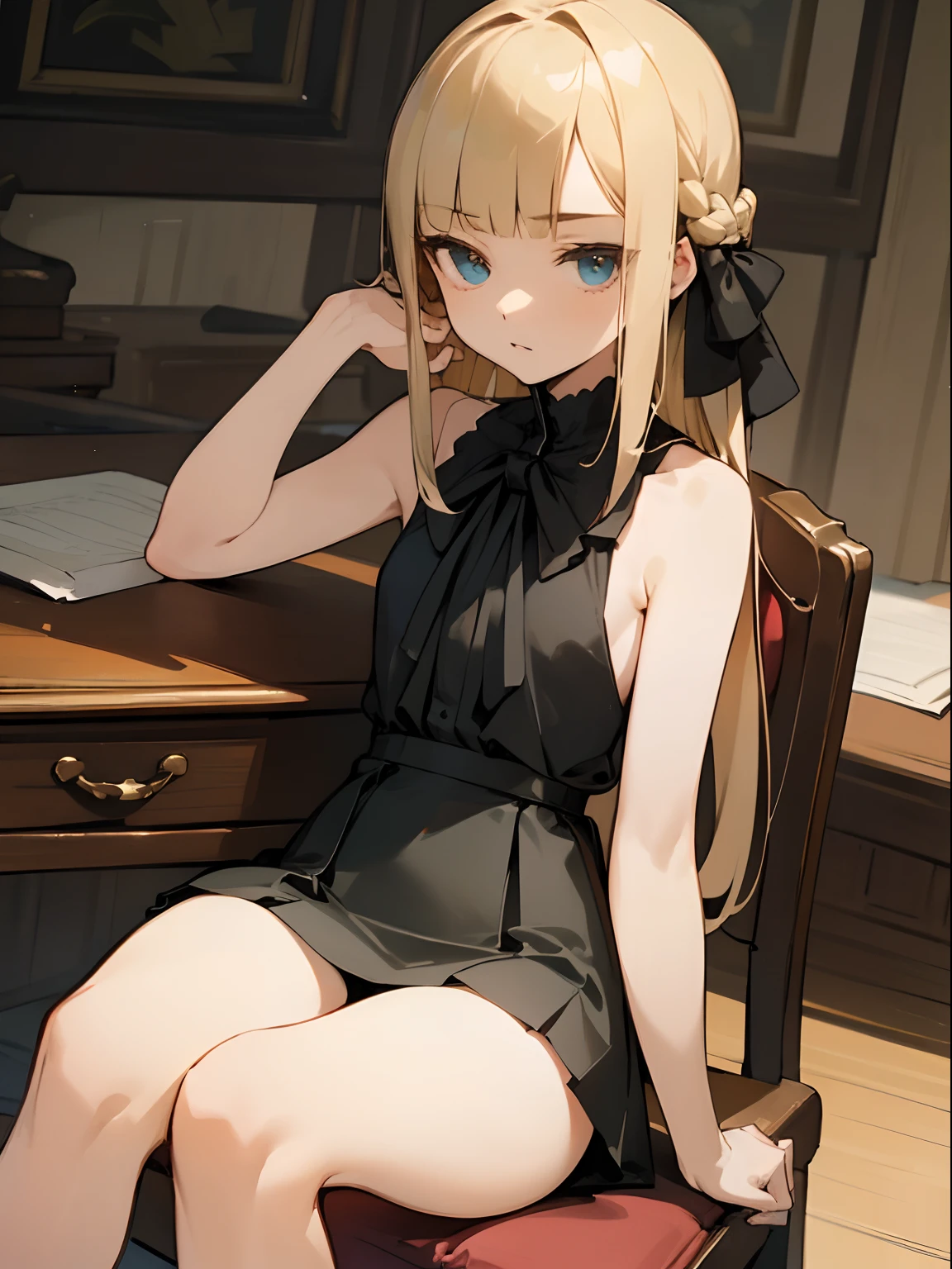 Reines, 1girl, high quality, best quality, illustration, masterpiece, (highly detailed:1.2), (extremely detailed:1.3), black halter neck shirt, sleeveless shirt, backless, young girl, string ribbon, mini skirt, braid, petite, ****, arm on desk, sitting on chair, in a house