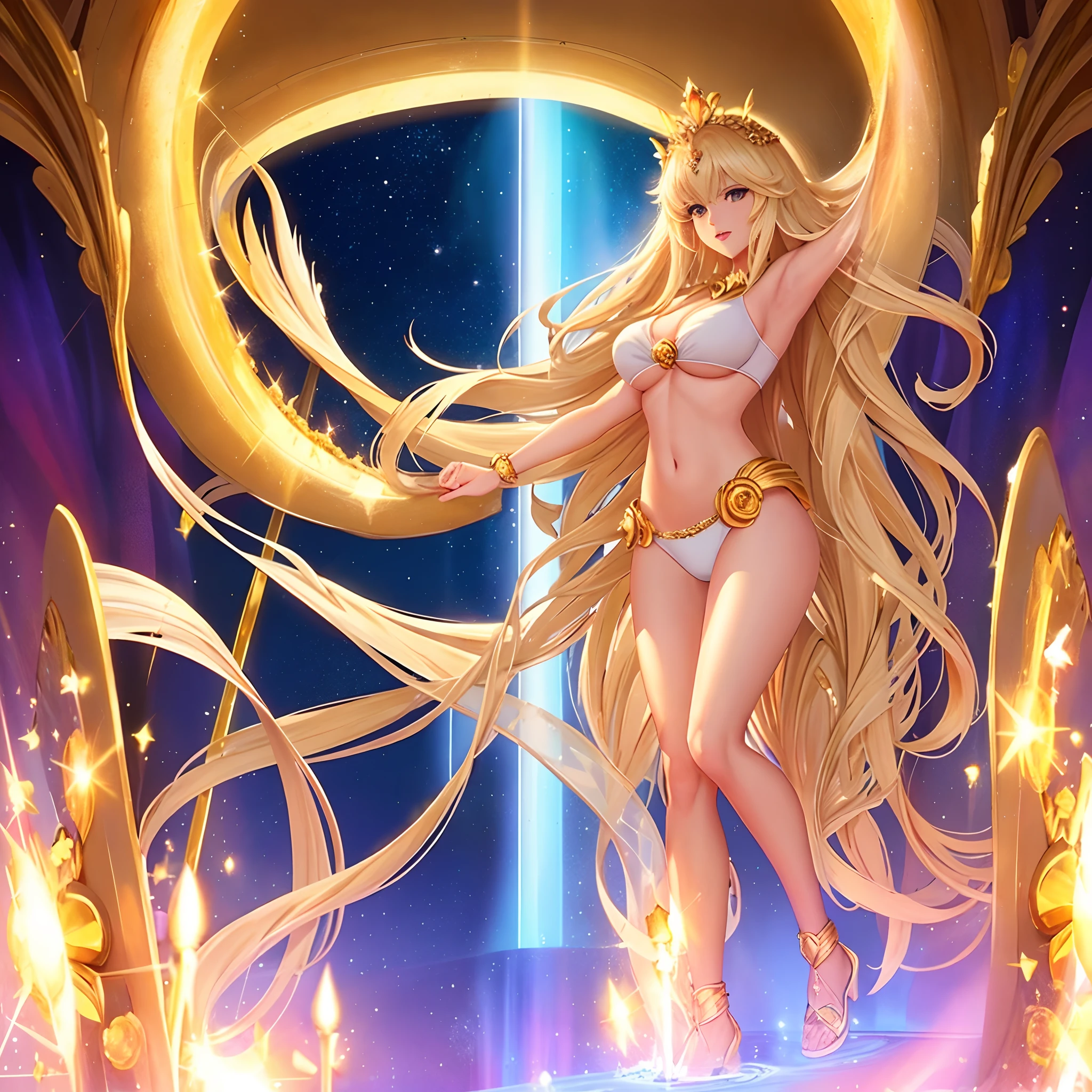 arafed woman in a white bikini and gold crown standing in a tunnel, cinematic goddess body shot, goddess of light, the sailor galaxia. beautiful, celestial goddess, a beautiful fantasy empress, golden goddess, as the goddess of the sun, goddess of the sun, cinematic goddess shot, golden goddess athena, full body cgsociety, angelic golden armor