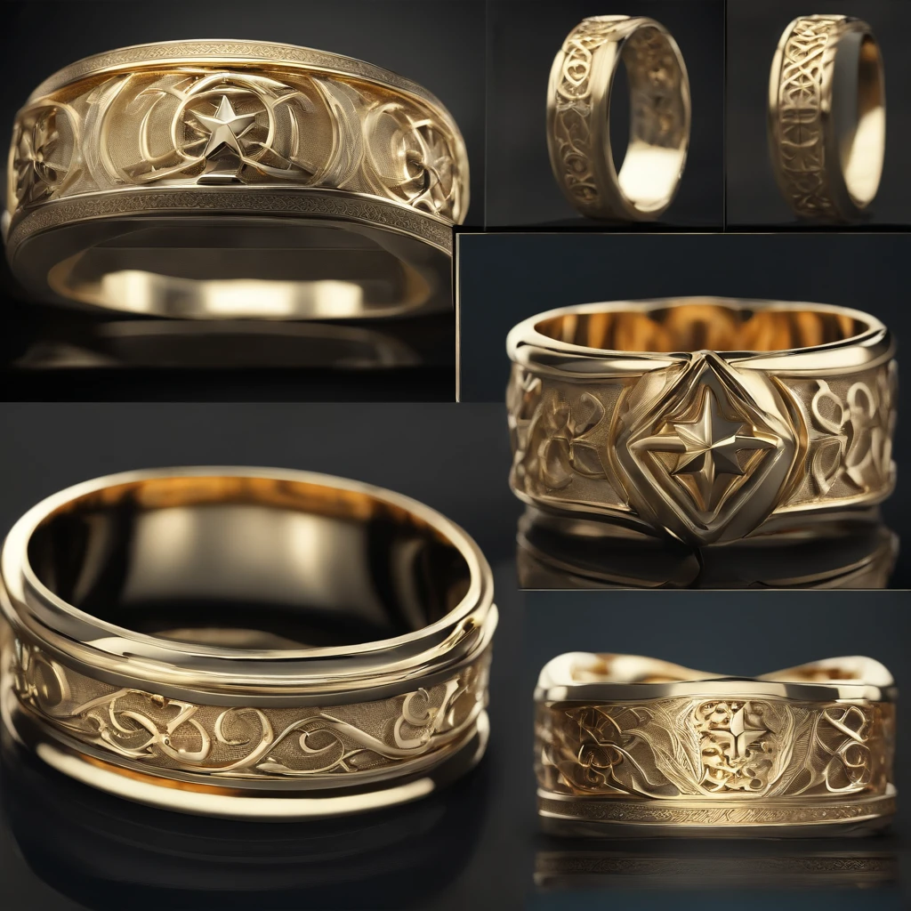 （（Ring design concept art）），Yellow gold ring，（（Ring concept blueprint））,(The ring cross-section has a wave pattern and a five-pointed star)，（（Fine craftsmanship）），（Rings and hemming），Natural sunlight，Shining Effect