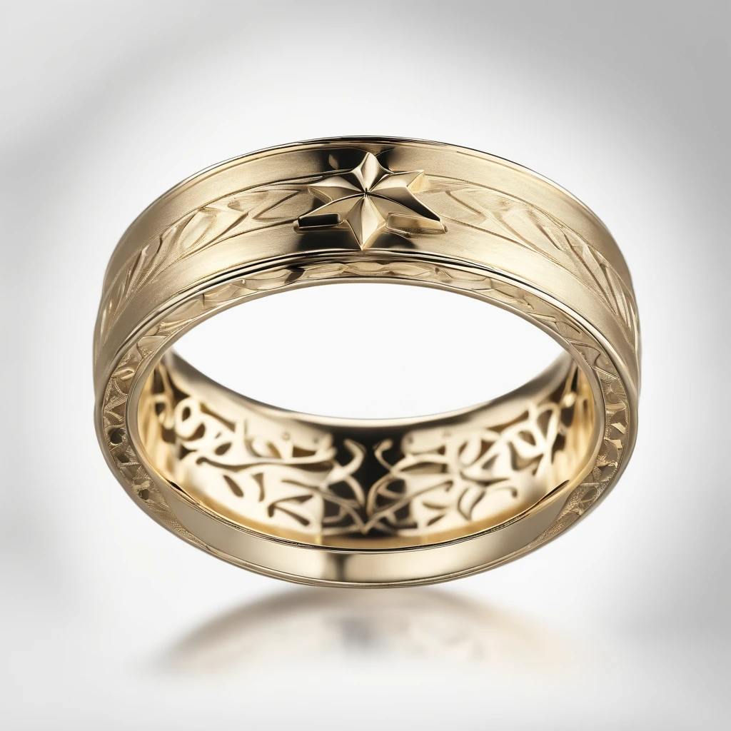 （（Ring design concept art）），Yellow gold ring，（（Ring concept blueprint））,(The ring cross-section has a wave pattern and a five-pointed star)，（（Fine craftsmanship）），（Rings and hemming），Natural sunlight，Shining Effect