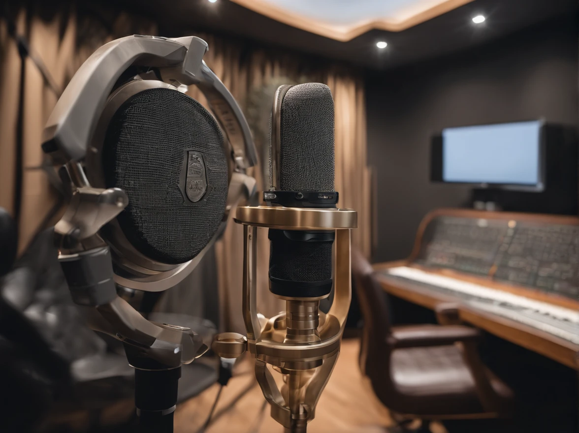 inside a dubbing studio, with microphone and headphones, with adequate acoustic treatment and sound equipment, in the background of the image flags of the following countries, France, Spain, Italy, Portugal, Brazil, United States