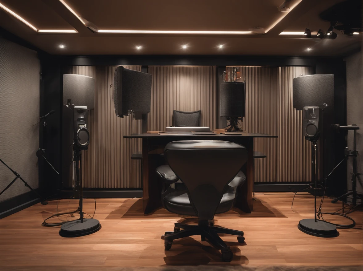 inside a dubbing studio, with microphone and headphones, with adequate acoustic treatment and sound equipment, in the background of the image flags of the following countries, France, Spain, Italy, Portugal, Brazil, United States