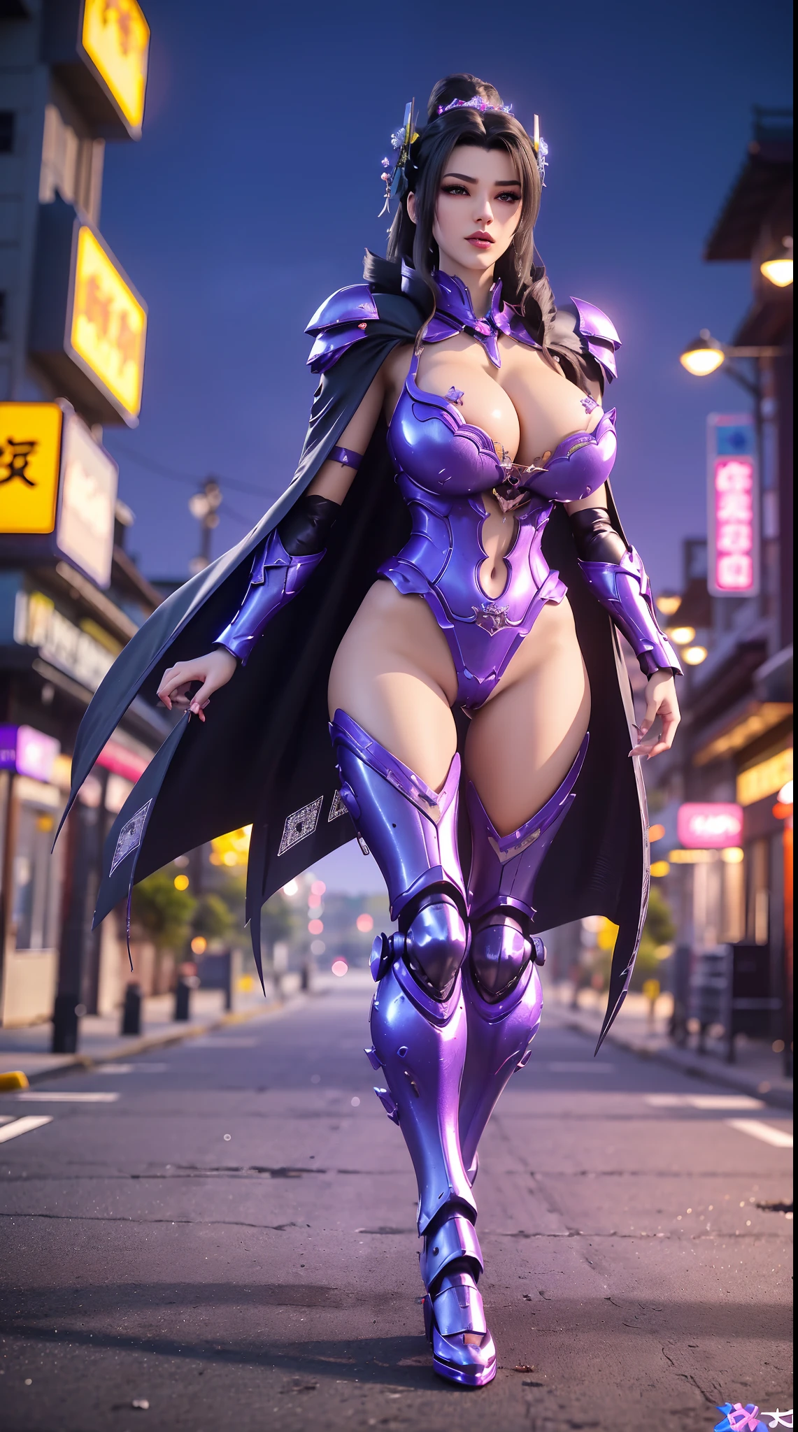 1GIRL, SOLO, (black ponytail hair, hair ornament), (HUGE FAKE BOOBS:1.3), (black, purple, FUTURISTIC DRAGON MECHA ARMOR SUIT, ROYAL CAPE, CLEAVAGE:1.5), (SKINTIGHT YOGA HOTPANTS, HIGH HEELS:1.3), (NSFW GLAMOROUS BODY, SEXY LONG LEGS, FULL BODY:1.3), (LOOKING AT VIEWER:1), (WALKING DOWN ON STREET NIGHT CITY:1.3), PHYSICALLY-BASED RENDERING, ULTRA HIGHT DEFINITION, 8K, 1080P.