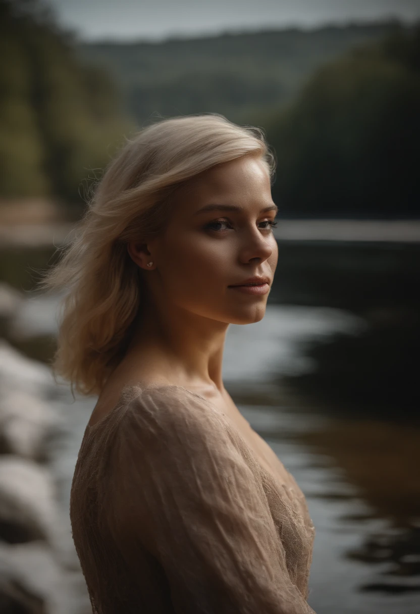 Photo-realistic busty topless blonde pixie cut standing next to river