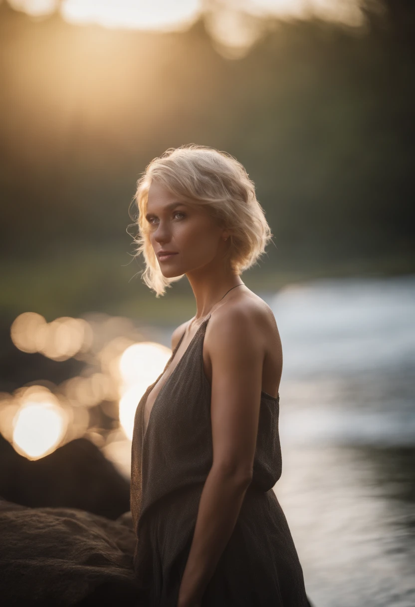 Photo-realistic busty topless blonde pixie cut standing next to river