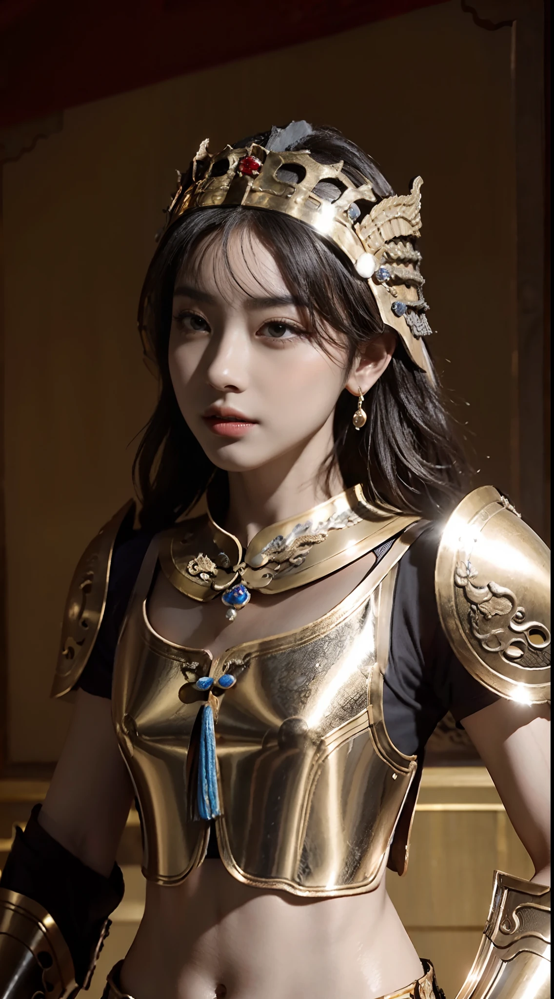 small head, (perfect bodies: 1.1), (short-length straight black short hair: 1.2), （极其细致的CG 8k壁纸），（Extremely refined and beautiful），（masterpiece），（best qualtiy：1.0），（超高分辨率：1.0），[A high resolution],Mighty,serious,(Smooth and flawless fair skin:1.5),(shiny skin:1.5),(ultra - detailed,(Small breasts:1.1),Flat chest,Slim,thin,(Gorgeous Chinese Dragon Style Empress Armor and helmet:1.5),jewels,Necklaces, earrings, rings, bracelets,in Luxury Chinese Palace，from front，(Close shot:1.3),cowboy shot,Portrait