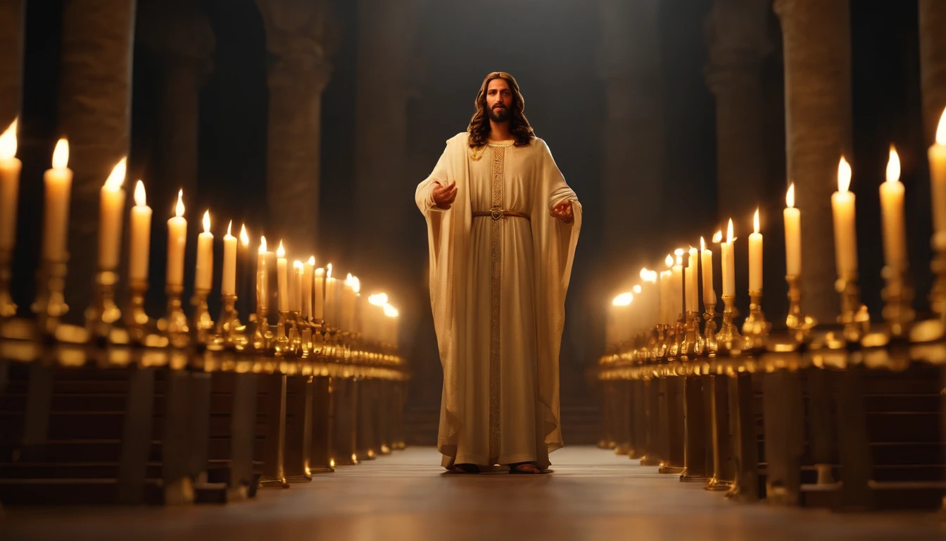 "Jesus stood holding a seven-pointed star in his right hand, Walking among the seven golden candlesticks. He says : : : : :, Jesus, Revealed in the Book of Revelation, Your majesty, Fantasy, looking ahead, And Jesus' feet are like shining jewels. Seven gold candlesticks face forward, And then there is one person. Raising hands." (Best Quality,4k,8K,high resolucion,Masterpiece:1.2), Ultra-detailed, (realisitic,Photorealistic,Realistis:1.37), portrait of a, Vivid colors, studio lit, Sharp focus, physics based rendering, extreme detail description, Biblical Topics, majestic atmosphere, radiant light)