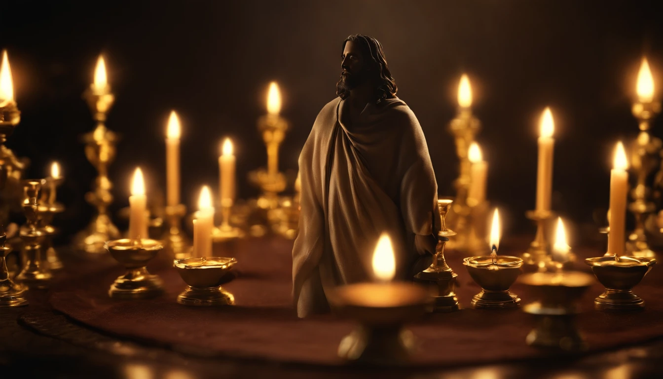 "Jesus stood holding a seven-pointed star in his right hand, Walking among the seven golden candlesticks. He says : : : : :, Jesus, Revealed in the Book of Revelation, Your majesty, Fantasy, looking ahead, And Jesus' feet are like shining jewels. Seven gold candlesticks face forward, And then there is one person. Raising hands." (Best Quality,4k,8K,high resolucion,Masterpiece:1.2), Ultra-detailed, (realisitic,Photorealistic,Realistis:1.37), portrait of a, Vivid colors, studio lit, Sharp focus, physics based rendering, extreme detail description, Biblical Topics, majestic atmosphere, radiant light)