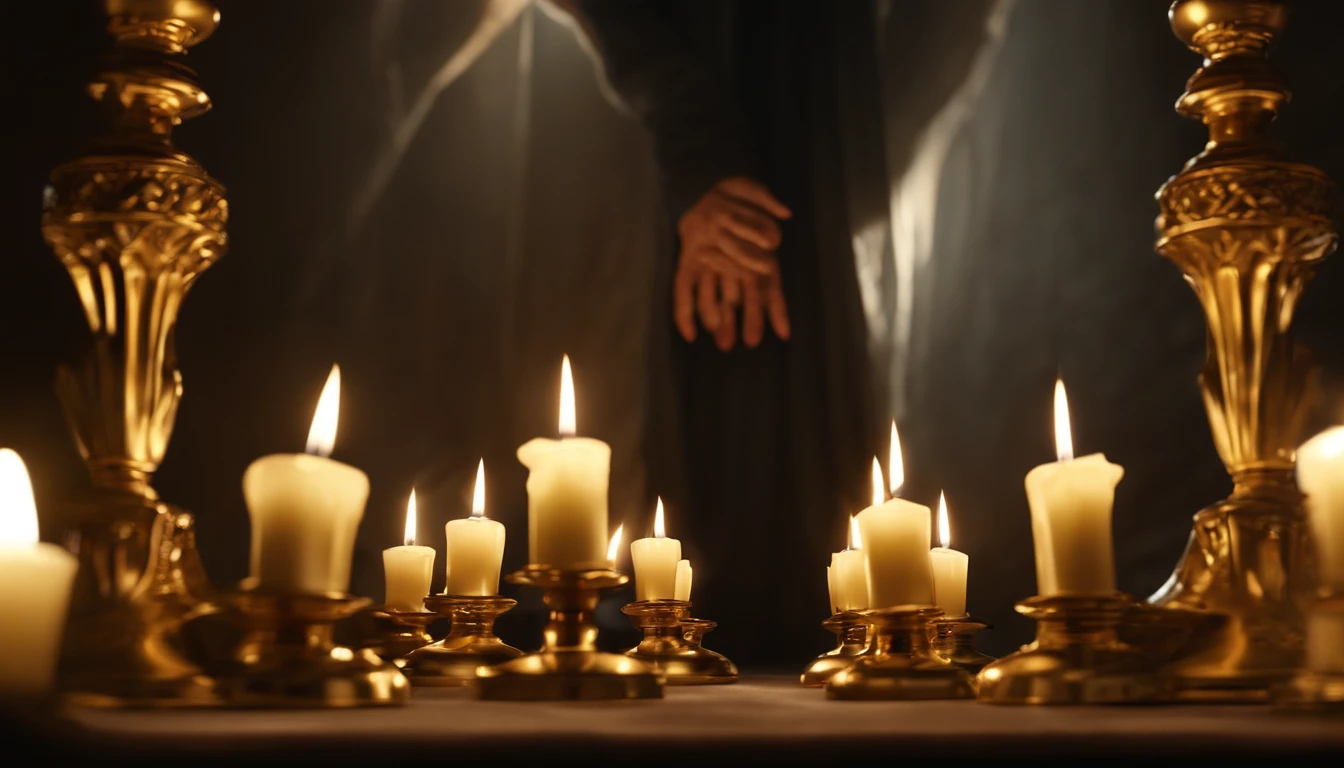"Jesus stood holding a seven-pointed star in his right hand, Walking among the seven golden candlesticks. He says : : : : :, Jesus, Revealed in the Book of Revelation, Your majesty, Fantasy, looking ahead, And Jesus' feet are like shining jewels. Seven gold candlesticks face forward, And then there is one person. Raising hands." (Best Quality,4k,8K,high resolucion,Masterpiece:1.2), Ultra-detailed, (realisitic,Photorealistic,Realistis:1.37), portrait of a, Vivid colors, studio lit, Sharp focus, physics based rendering, extreme detail description, Biblical Topics, majestic atmosphere, radiant light)