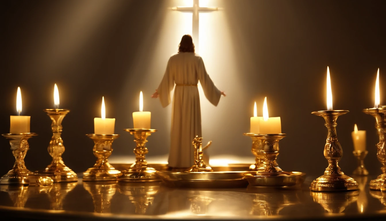 "Jesus stood holding a seven-pointed star in his right hand, Walking among the seven golden candlesticks. He says : : : :, Jesus, Revealed in the Book of Revelation, Your majesty, Fantasy, looking ahead, And Jesus' feet are like shining jewels. Seven gold candlesticks face forward, And then there is one person. Raising hands." (Best Quality,4k,8K,high resolucion,Masterpiece:1.2), Ultra-detailed, (realisitic,Photorealistic,Realistis:1.37), portrait of a, Vivid colors, studio lit, Sharp focus, physics based rendering, extreme detail description, Biblical Topics, majestic atmosphere, radiant light)