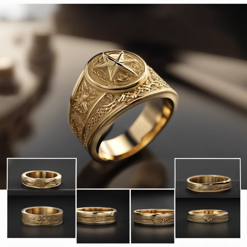 （（Ring design concept art）），Yellow gold ring，（（Ring concept blueprint））,(The ring cross-section has a wave pattern and a five-pointed star)，（（Fine craftsmanship）），（Rings and hemming），Natural sunlight，Shining Effect