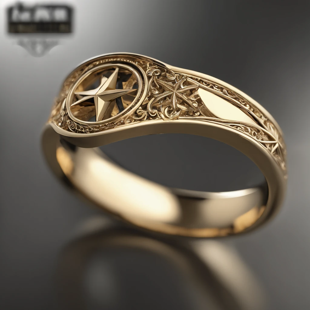 （（Ring design concept art）），Yellow gold ring，（（Ring concept blueprint））,(The ring cross-section has a wave pattern and a five-pointed star)，（（Fine craftsmanship）），（Rings and hemming），Natural sunlight，Shining Effect