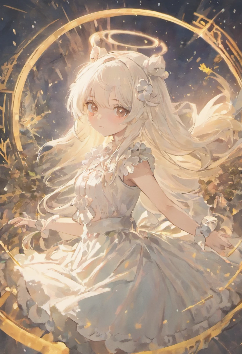 Cute anime girl with delicate features is a young girl has long white hair with pure white eyes and white horns and a ta dress