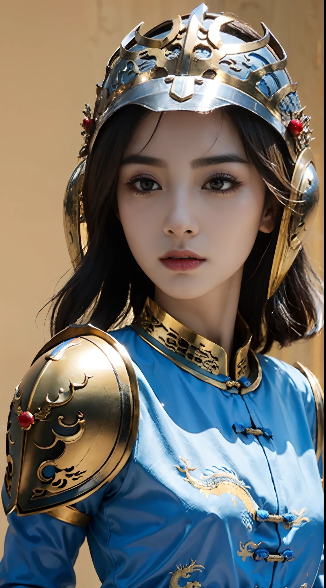 small head, (perfect bodies: 1.1), (short-length straight black short hair: 1.2), （极其细致的CG 8k壁纸），（Extremely refined and beautiful），（masterpiece），（best qualtiy：1.0），（超高分辨率：1.0），[A high resolution],Mighty,serious,(Smooth and flawless fair skin:1.5),(shiny skin:1.5),(ultra - detailed,(Small breasts:1.1),Flat chest,Slim,thin,(Gorgeous Chinese Dragon Style Empress Armor and helmet:1.5),jewels,Necklaces, earrings, rings, bracelets,in Luxury Chinese Palace，from front，(Close shot:1.3),cowboy shot,Portrait