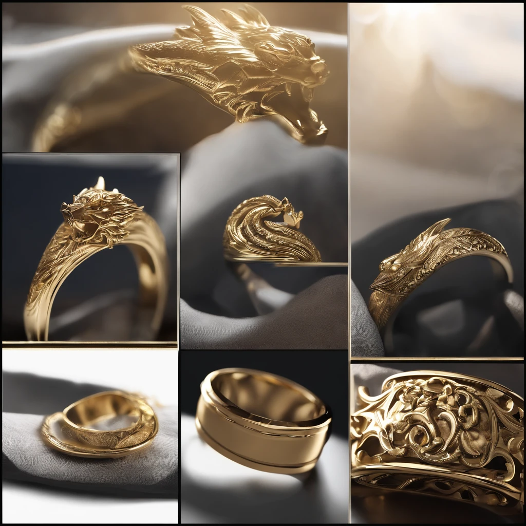 （（Ring design concept art）），Yellow gold ring，（（Ring concept blueprint））,（Dragon-shaped ring)，（（Fine craftsmanship）），（Rings and hemming），Natural sunlight，Shining Effect