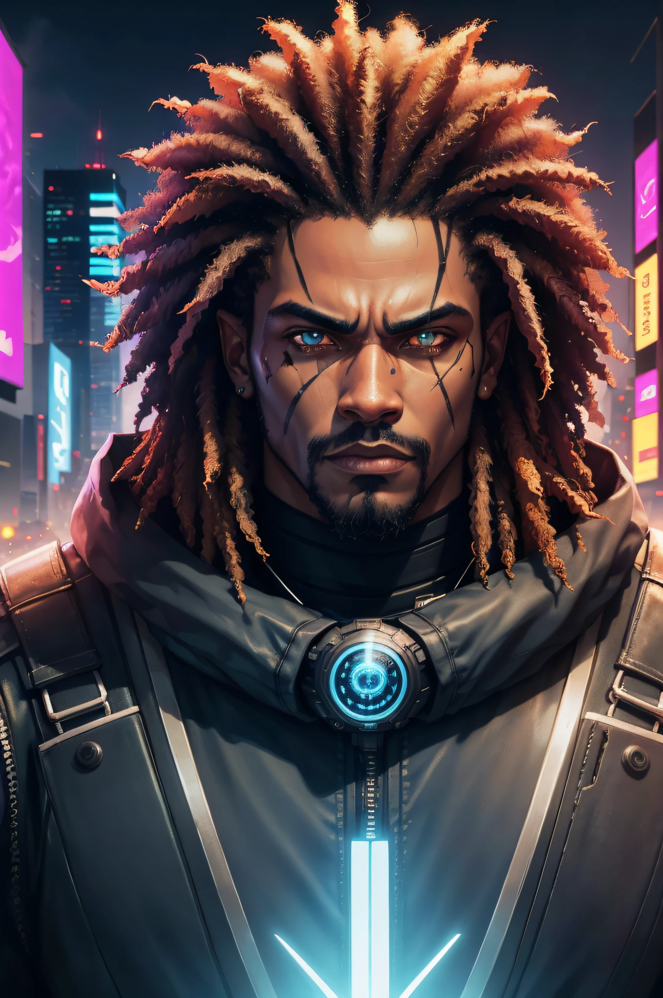 alter background,cyberpunk,cinematic,homem afro,realistic face,8k,ultra resolution,high-quality HDR,detailed environment,neon lights,vivid colors,sci-fi aesthetics,technological cityscape,digital art,atmospheric lighting,gritty textures,advanced visual effects,urban dystopia,nighttime ambiance