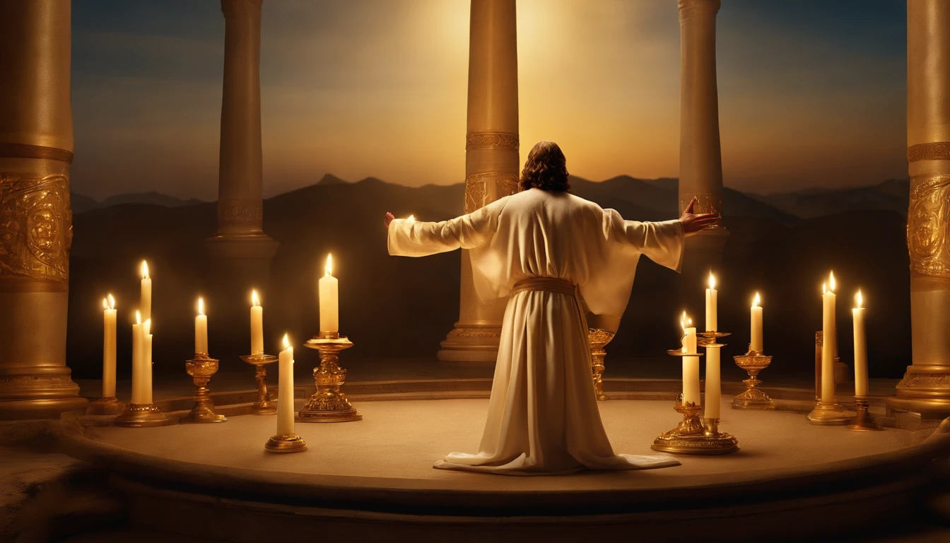 "Jesus stood holding a seven-pointed star in his right hand, Walking among the seven golden candlesticks. He says : : : : : :, Jesus, Revealed in the Book of Revelation, Your majesty, Fantasy, looking ahead, And Jesus' feet are like shining jewels. Seven gold candlesticks face forward, And then there is one person. Raising hands." (Best Quality,4k,8K,high resolucion,Masterpiece:1.2), Ultra-detailed, (realisitic,Photorealistic,Realistis:1.37), portrait of a, Vivid colors, studio lit, Sharp focus, physics based rendering, extreme detail description, Biblical Topics, majestic atmosphere, radiant light)
