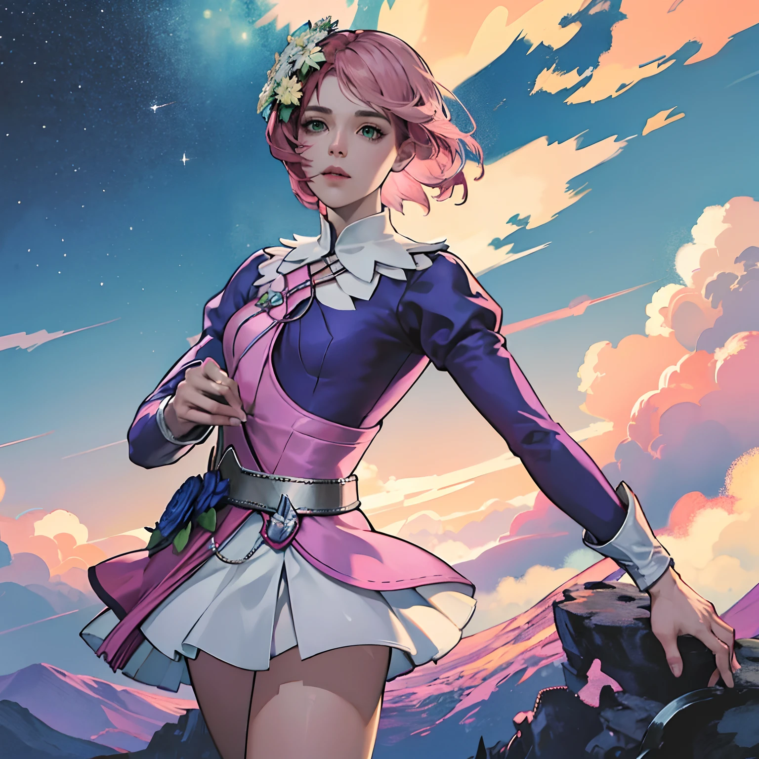 (master part, melhor qualidade) Alisa Rosto bonito, Olhos verdes detalhados , roupas elegantes e detalhadas , puffy lips ,Short Pink Hair Flower Accessories, (melhores detalhes) ( melhor qualidade) espetacular, dramatic scenery, Tekken , Digital anime illustration, estilo anime 4K, por Yang J, arte de anime digital detalhada, arte digital estilo anime, a beautiful artwork illustration, Digital anime illustration, arte de anime digital, 8k arte detalhada de alta qualidade