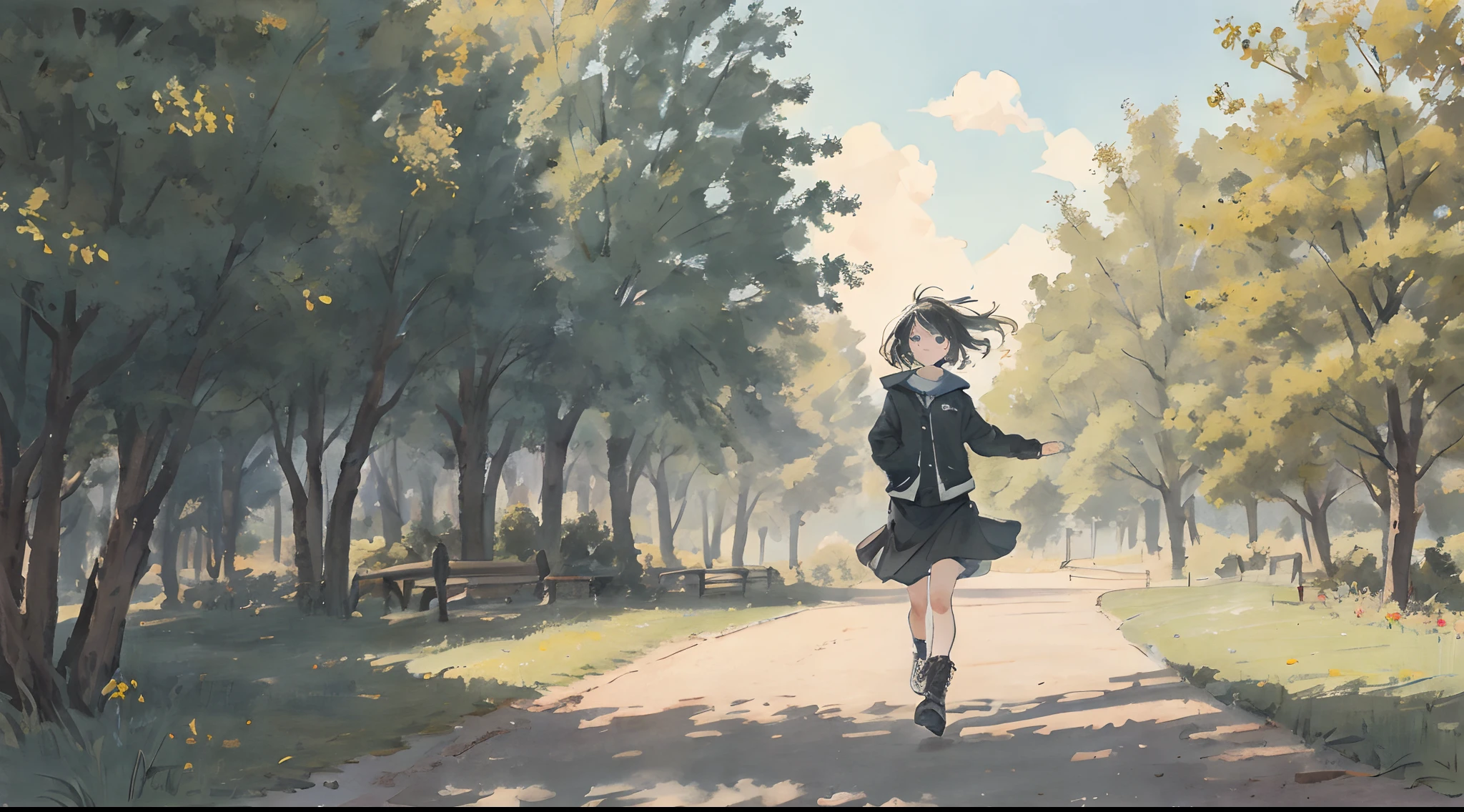 A girl walks in the park with her face sideways