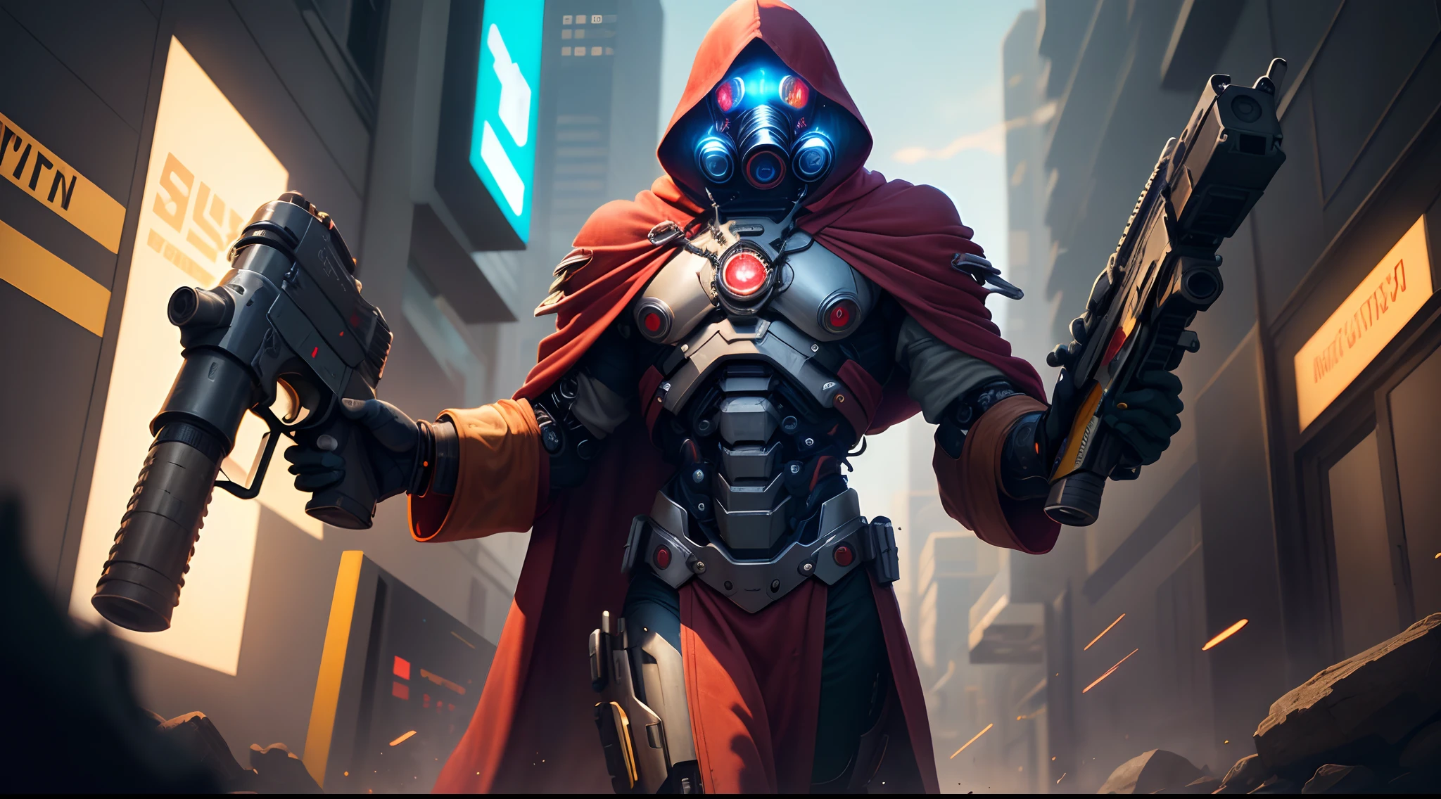 Prompt: science fiction movie,(Mechanicus, male tech priest:1) , midbody photo, solo, , red cloth robe, hood, cyborg, (holding a big futuristic gun), looking at viewer, gas mask, red glowing eyes, matte metal, wires on chest, metal tentacles attached to back, mechanical arms,best quality, masterpiece, perfect anatomy, highres, ultra-detailed, 8k, detail, unique, aesthetics, HDR,cyberpunk city, Photorealistic, Hyperrealistic, Hyperdetailed, analog style, soft lighting, subsurface scattering, realistic, heavy shadow, masterpiece, best quality, ultra realistic, 8k, golden ratio, Intricate, High Detail, film photography, soft focus