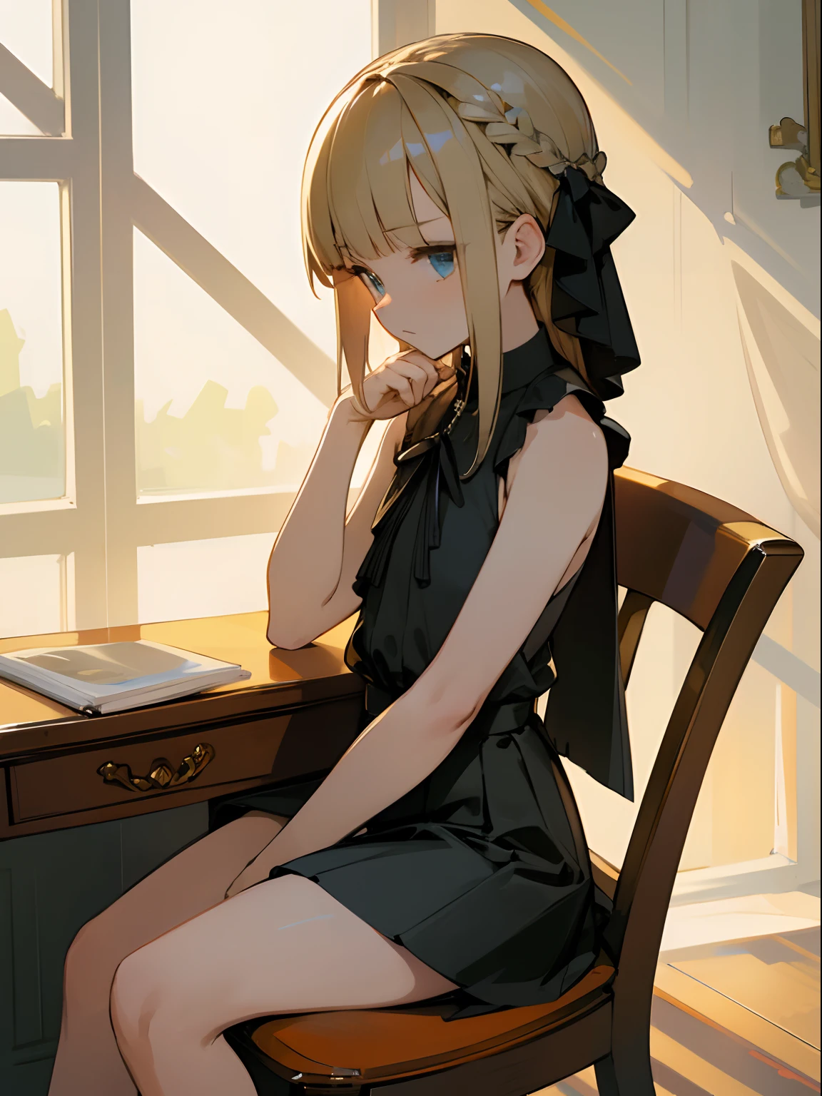Reines, 1girl, high quality, best quality, illustration, masterpiece, (highly detailed:1.2), (extremely detailed:1.3), black halter neck shirt, sleeveless shirt, backless, young girl, string ribbon, mini skirt, braid, petite, loli, arm on desk, sitting on chair, in a house