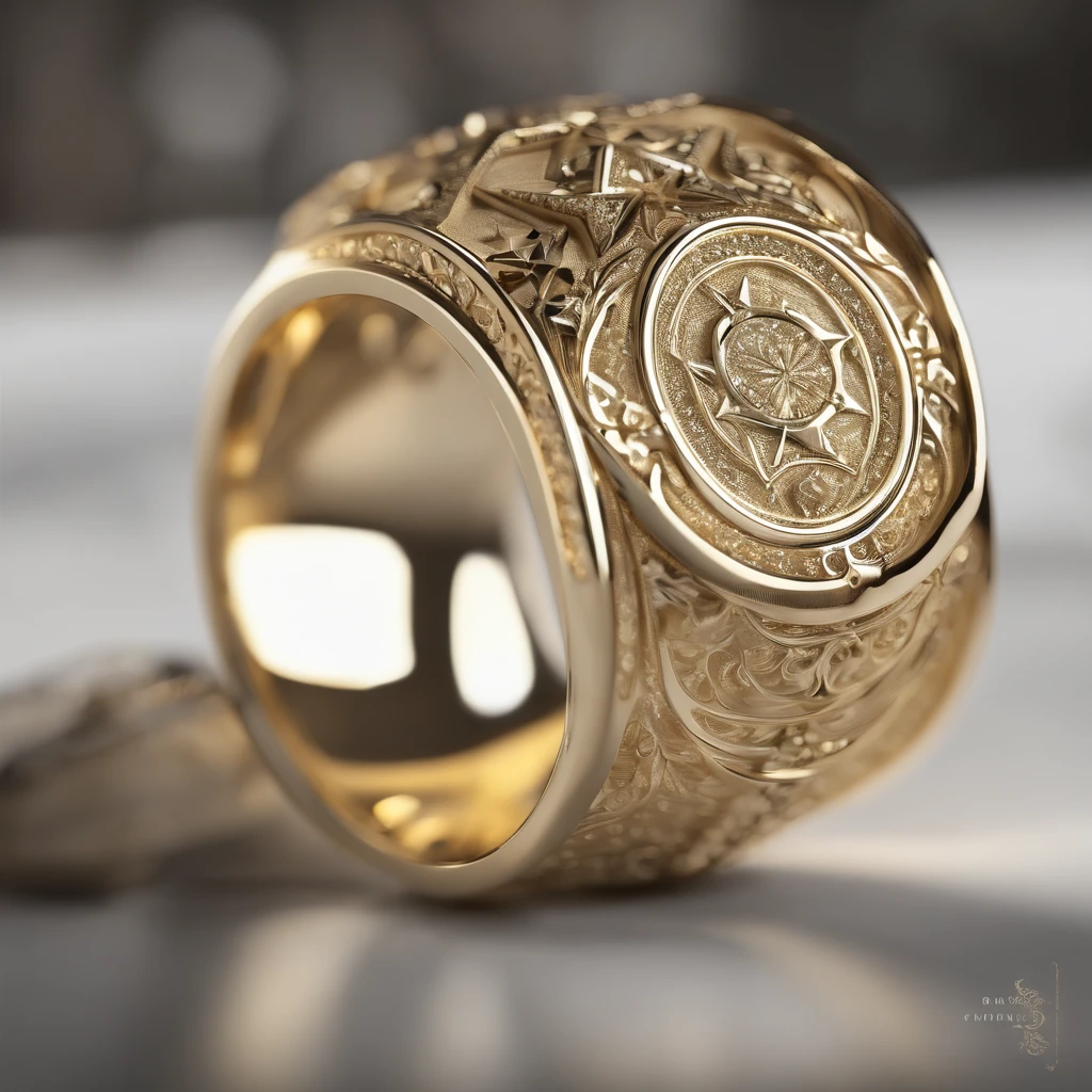 ((Ring design concept art)),Yellow gold ring,(Ring concept blueprint),((Ring rings in the shape of waves)),Engraved five-pointed star,(Fine craftsmanship),Hemming,Natural sunlight,Shining Effect