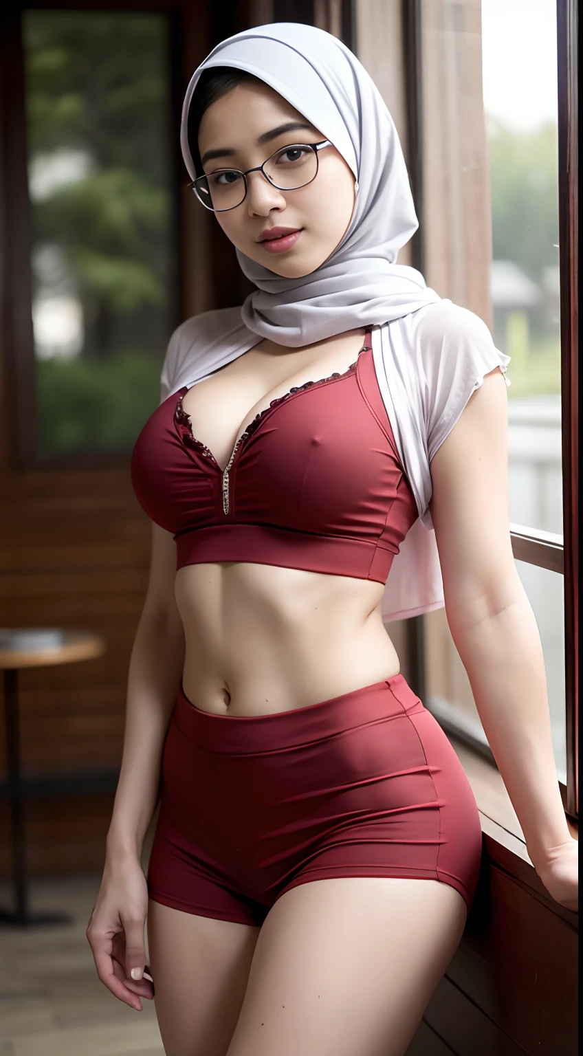 (iu:0.8).cleavage, RAW, Best quality, high resolution, Masterpiece: 1.3, Beautiful glasses hijabi java girl wearing croptop and boyshort, Masterpiece, Soft smile, forest