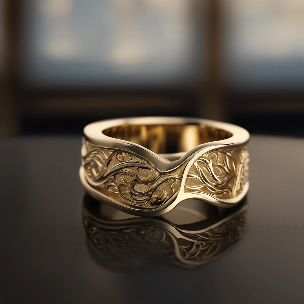 （（Ring design concept art）），Yellow gold ring，（Ring concept blueprint），（（Ring rings in the shape of waves）），Engraved five-pointed star，（Fine craftsmanship），Hemming，Natural sunlight，Shining Effect