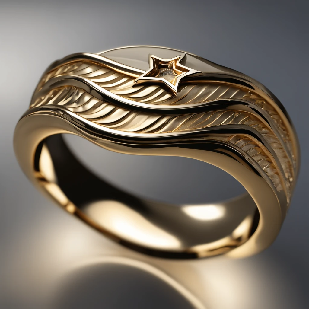 ((Ring design concept art)),Yellow gold ring,(Ring concept blueprint),((Ring rings in the shape of waves)),Engraved five-pointed star,(Fine craftsmanship),Hemming,Natural sunlight,Shining Effect