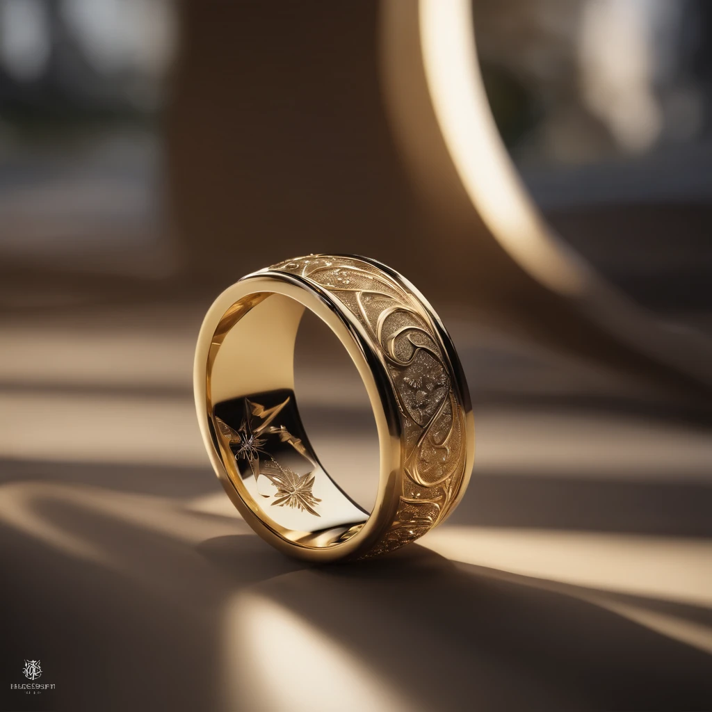 （（Ring design concept art）），Yellow gold ring，（Ring concept blueprint），（（Ring rings in the shape of waves）），Engraved five-pointed star，（Fine craftsmanship），Hemming，Natural sunlight，Shining Effect