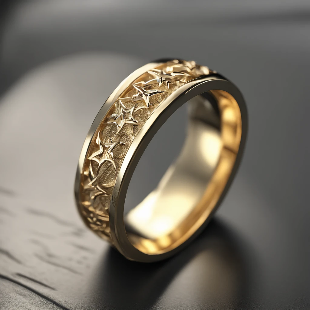 ((Ring design concept art)),Yellow gold ring,(Ring concept blueprint),((Ring rings in the shape of waves)),Engraved five-pointed star,(Fine craftsmanship),Hemming,Natural sunlight,Shining Effect