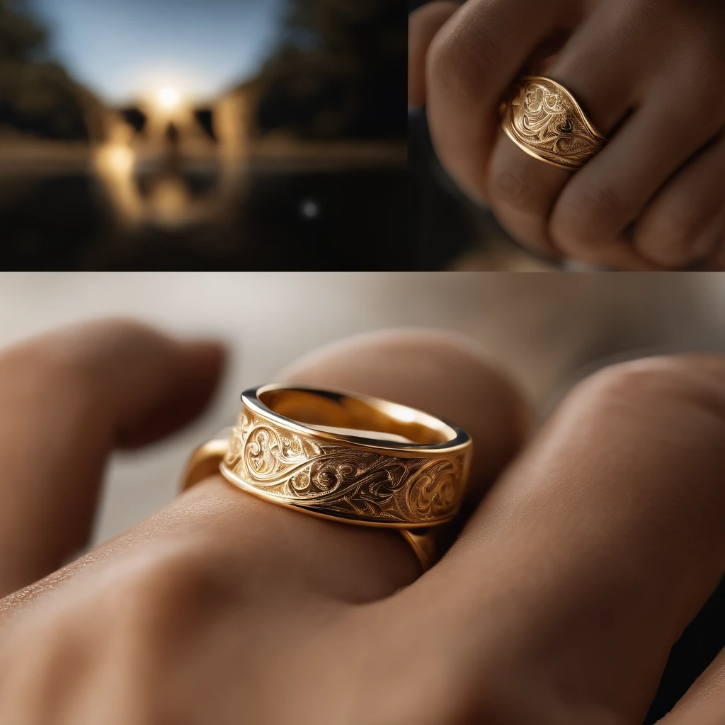 ((Ring design concept art)),Yellow gold ring,(Ring concept blueprint),((Ring rings in the shape of waves)),Engraved five-pointed star,(Fine craftsmanship),Hemming,Natural sunlight,Shining Effect