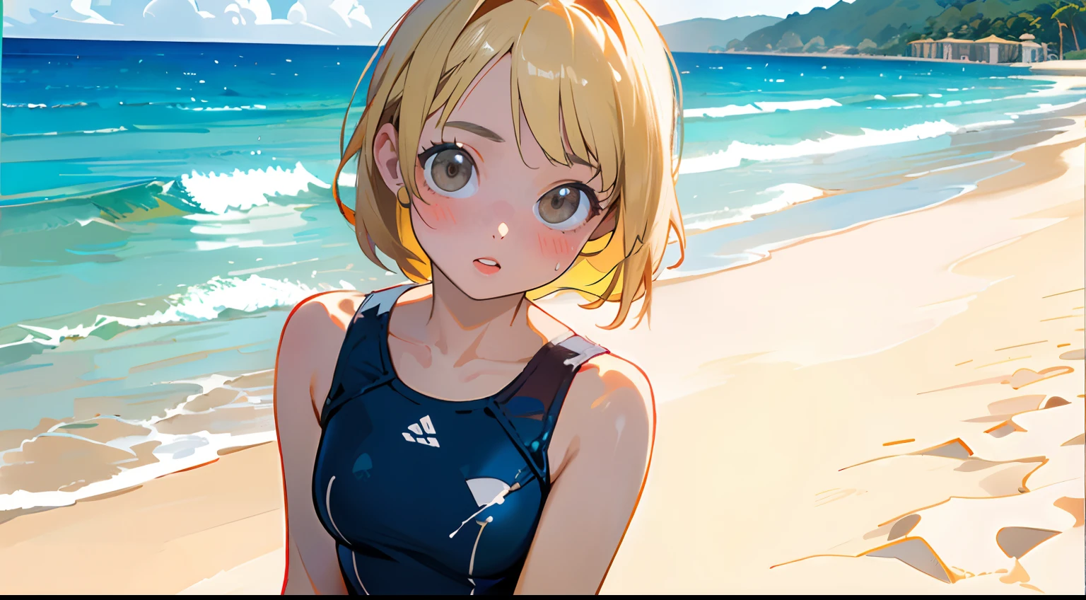 ((masterpiece:1.4、top-quality)) 、(18 year old woman with beach、Wear a sporty swimsuit and crack watermelons、There are beaten and cracked watermelons、The sun is shining on your face、squinting、18 year old woman in sporty swimsuit、cute little、Smiling and looking at the camera、Blonde Shorthair、verd s eyes、uminoie、) 、(Light shining on your face from the front、) 、The background is the beach、Strong sunlight、Retro Beach House、