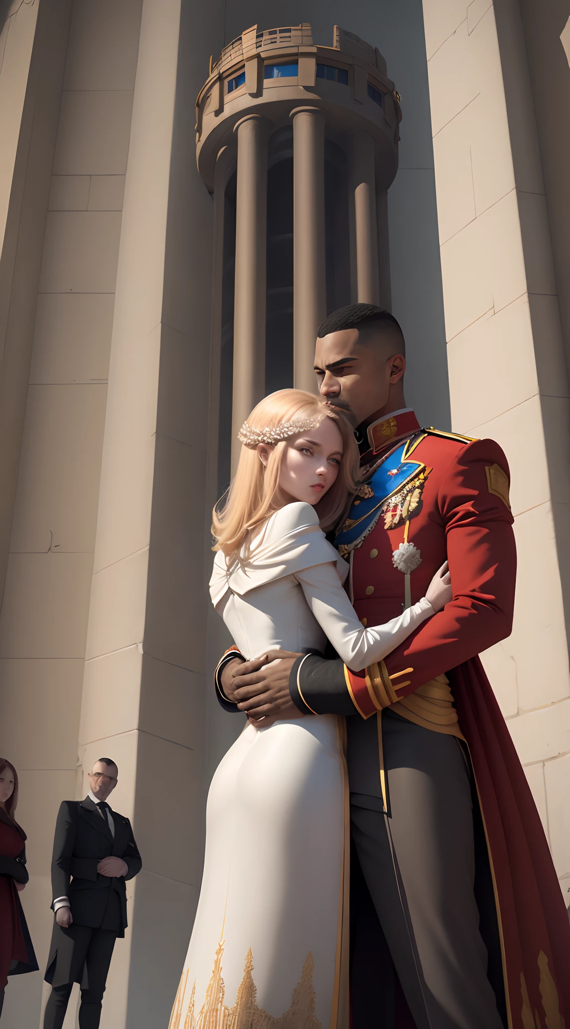 Man and a woman in a fancy guard tower back hug while tons if people at the bottom of the tower