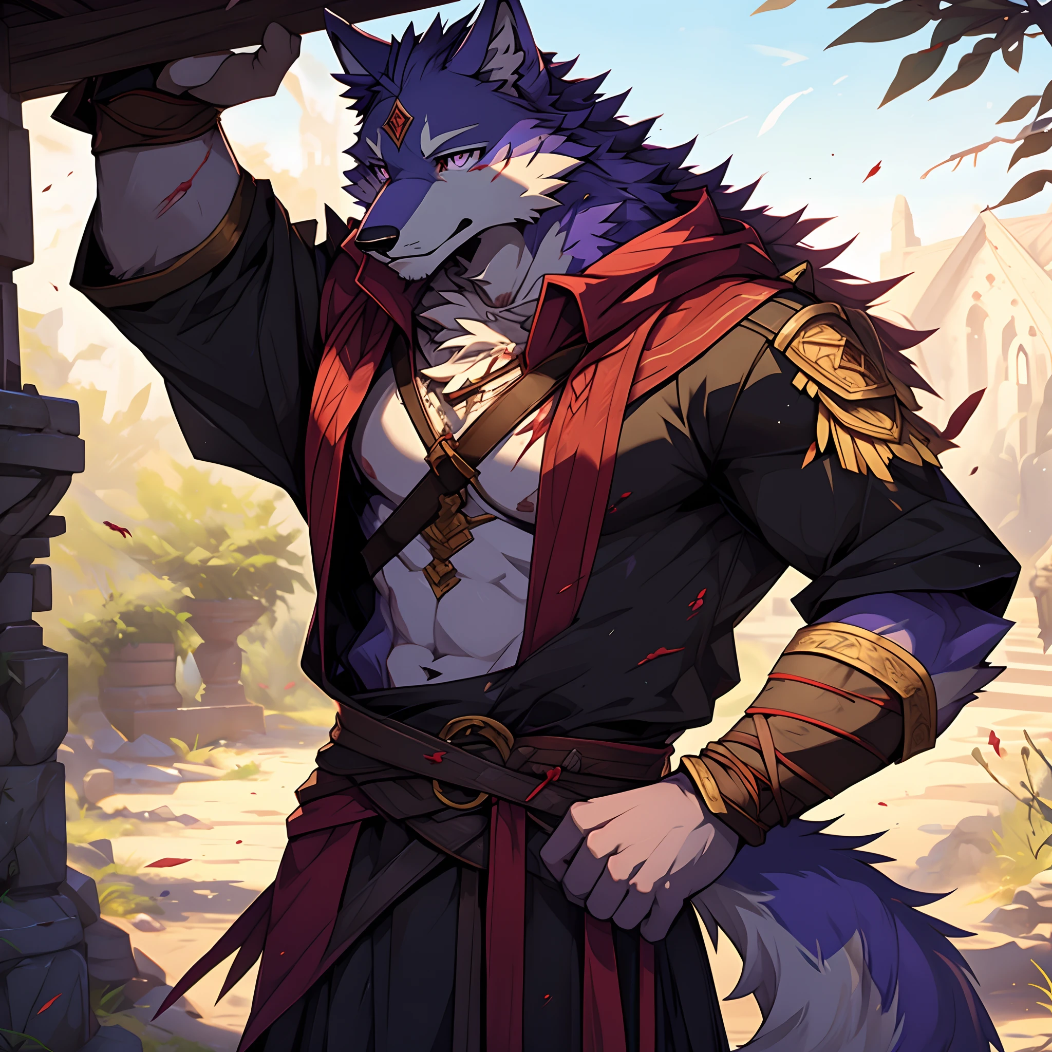 wounded、bleed、karo、Sadly eyes、wounds、armure、The sword、Furry、Masterpiece、Anthropomorphic purple wolf,