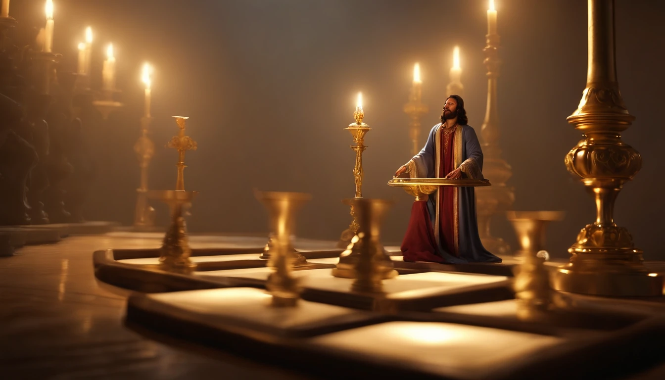 "Jesus stood holding a seven-pointed star in his right hand, Walking among the seven golden candlesticks. He says : : : : : : :, Jesus, Revealed in the Book of Revelation, Your majesty, Fantasy, looking ahead, And Jesus' feet are like shining jewels. Seven gold candlesticks face forward, And then there is one person. Raising hands." (Best Quality,4k,8K,high resolucion,Masterpiece:1.2), Ultra-detailed, (realisitic,Photorealistic,Realistis:1.37), portrait of a, Vivid colors, studio lit, Sharp focus, physics based rendering, extreme detail description, Biblical Topics, majestic atmosphere, radiant light)