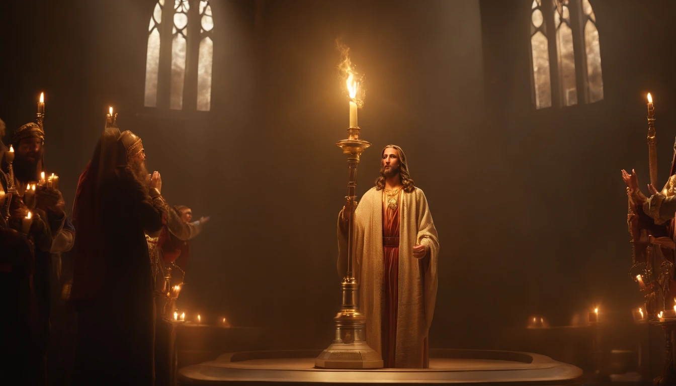 "Jesus stood holding a seven-pointed star in his right hand, Walking among the seven golden candlesticks. He says : : : : : :, Jesus, Revealed in the Book of Revelation, Your majesty, Fantasy, looking ahead, And Jesus' feet are like shining jewels. Seven gold candlesticks face forward, And then there is one person. Raising hands." (Best Quality,4k,8K,high resolucion,Masterpiece:1.2), Ultra-detailed, (realisitic,Photorealistic,Realistis:1.37), portrait of a, Vivid colors, studio lit, Sharp focus, physics based rendering, extreme detail description, Biblical Topics, majestic atmosphere, radiant light)
