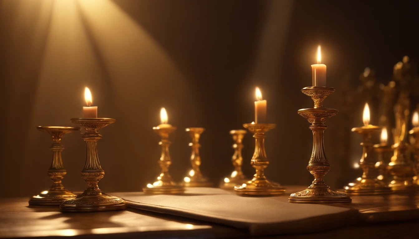"Jesus stood holding a seven-pointed star in his right hand, Walking among the seven golden candlesticks. He says : : : : : : :, Jesus, Revealed in the Book of Revelation, Your majesty, Fantasy, looking ahead, And Jesus' feet are like shining jewels. Seven gold candlesticks face forward, And then there is one person. Raising hands." (Best Quality,4k,8K,high resolucion,Masterpiece:1.2), Ultra-detailed, (realisitic,Photorealistic,Realistis:1.37), portrait of a, Vivid colors, studio lit, Sharp focus, physics based rendering, extreme detail description, Biblical Topics, majestic atmosphere, radiant light)