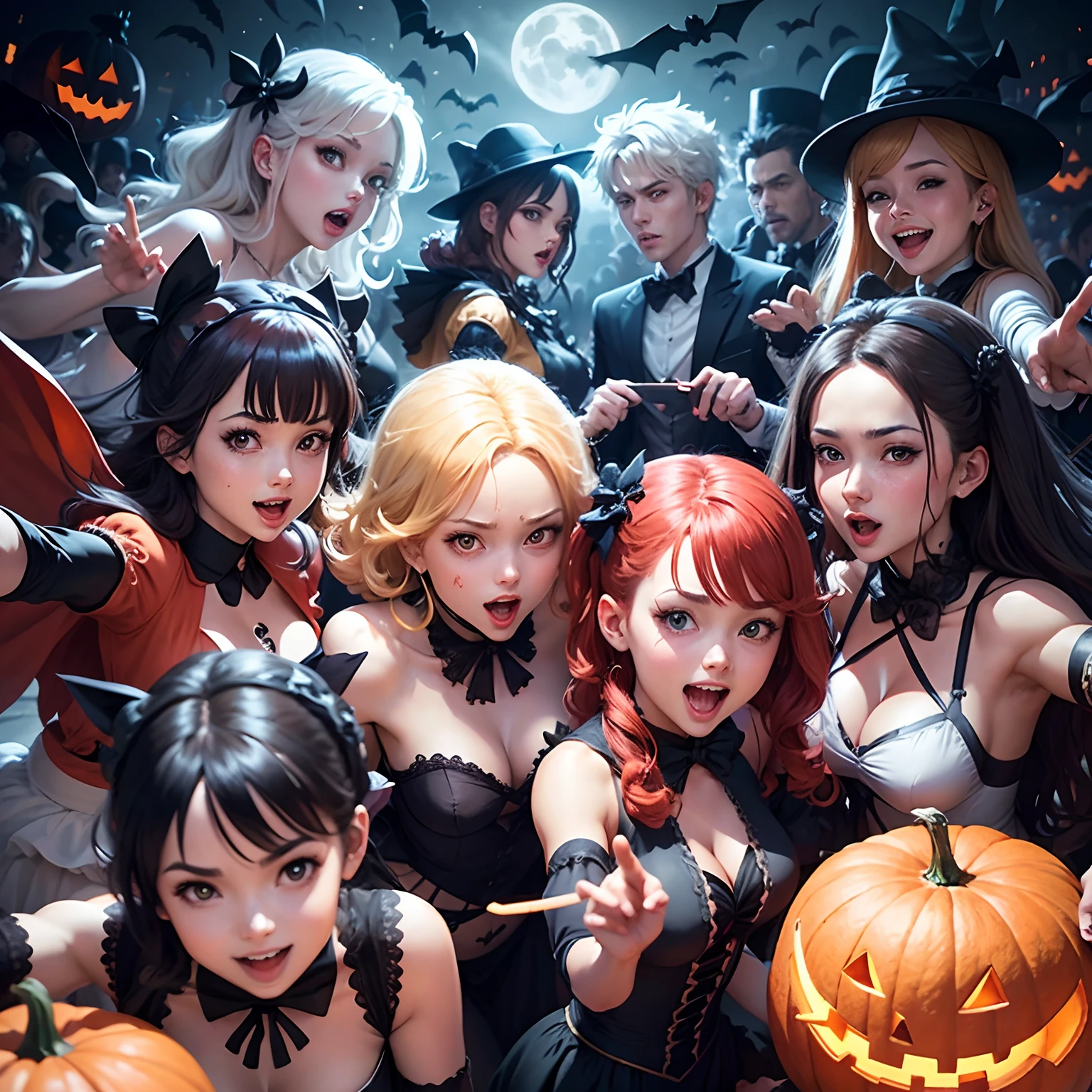 8 people group illustration, halloween, dynamic perspective, dynamic poses, lively expressions, modern anime style