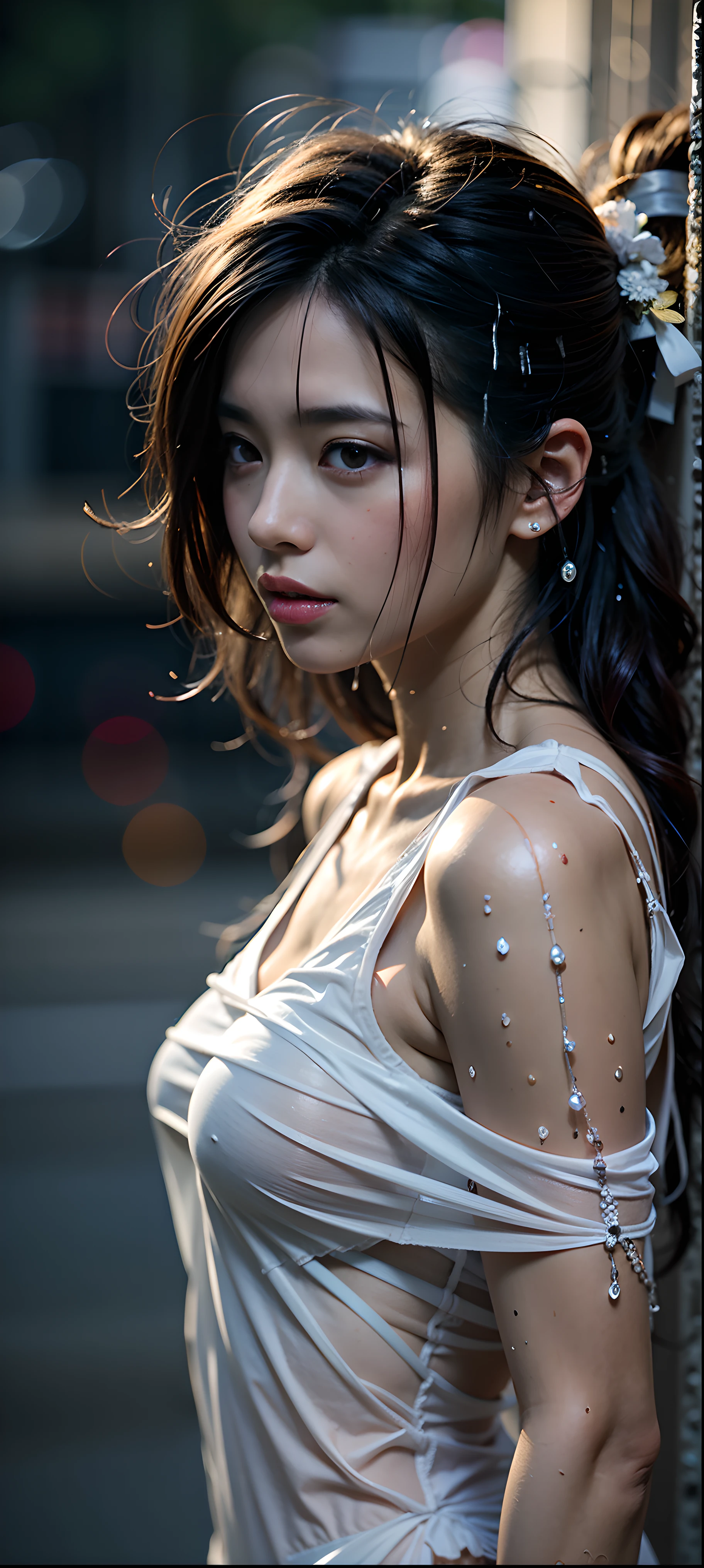 there is a woman with a white see-through dress on posing for a picture, raining, wet look, japanese model, soaked, beautiful image, deayami kojima, 奈良美智, taken with canon 5d mk4, by Kentaro Miura, photo taken with nikon d750, photo taken with nikon d 7 5 0