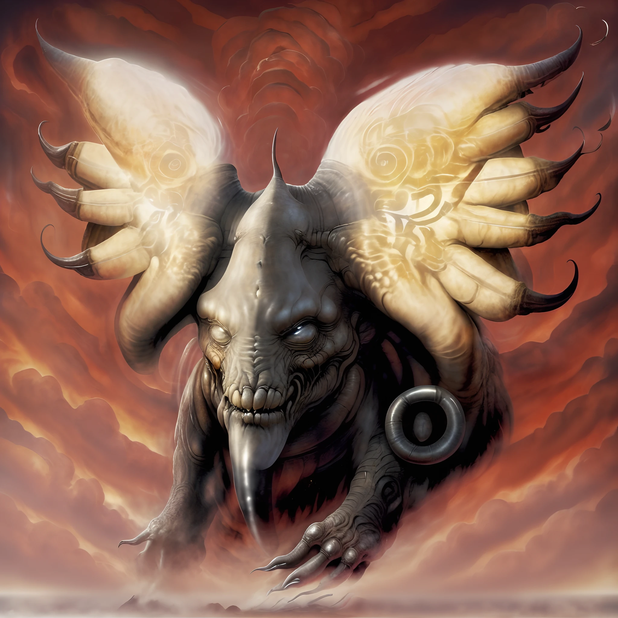 Close-up of monster with golden wings, Elephant nose, There are small but sharp eyes on either side of the nose,Sharp front paws,Two large earrings,one a demon-like creature, thopter from magic the gathering, Xenomorph, demogorgon, Gilartina, Inspired by Wayne Barlow, barlowe wayne, a horned, demon, From Pathfinder,Big Yellow Cave Well,HRGigerArhP style,Simple red clouds surging background
