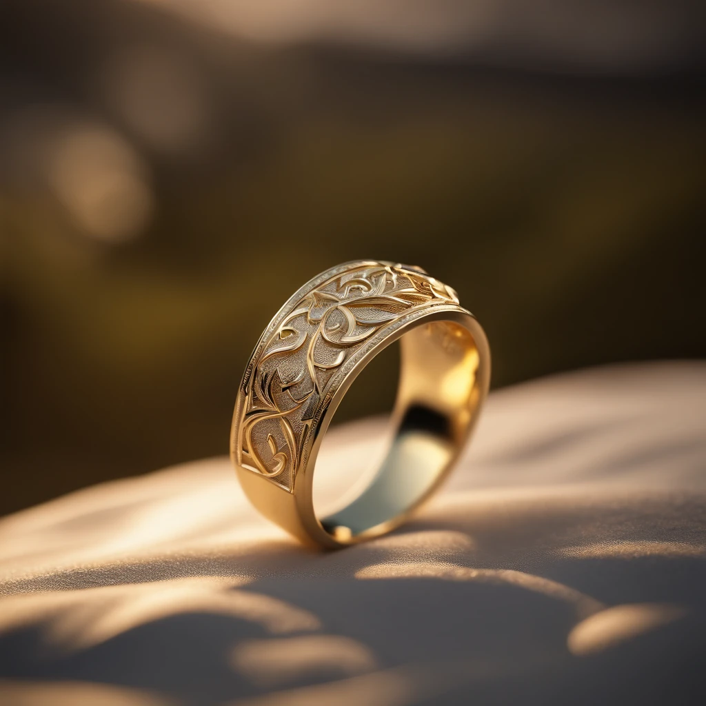 ((Ring design concept art)),Yellow gold ring,(Ring concept blueprint),((Ring rings in the shape of waves)),Engraved five-pointed star,(Fine craftsmanship),Hemming,Natural sunlight,Shining Effect