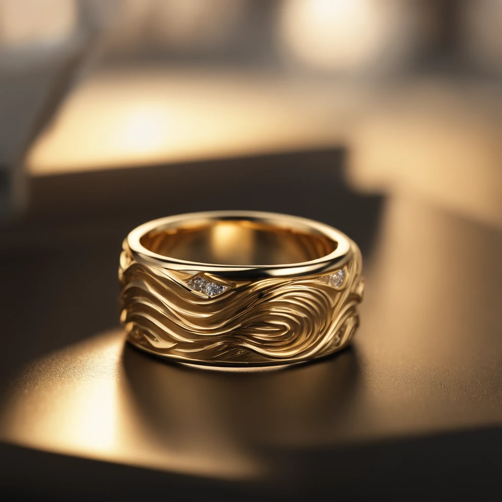 ((Ring design concept art)),Yellow gold ring,(Ring concept blueprint),((Ring rings in the shape of waves)),Engraved five-pointed star,(Fine craftsmanship),Hemming,Natural sunlight,Shining Effect